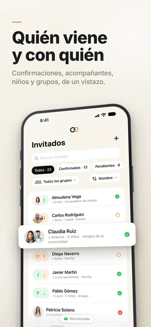 Lista de invitados con confirmaciones y grupos